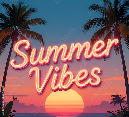 Summer Vibes neon text with retro tropical sunset gradient