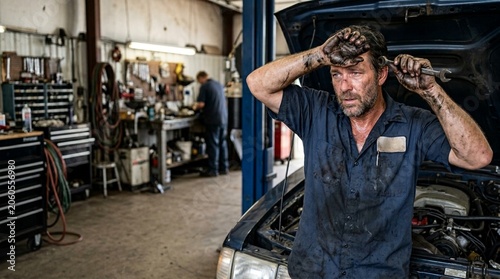 Exhausted mechanic with greasy hands wiping sweat from forehead with wrench