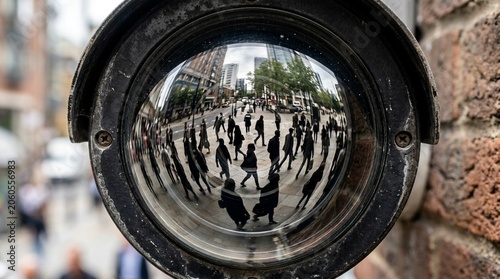 Reflection of a busy city street with pedestrians and buildings in a convex mirror