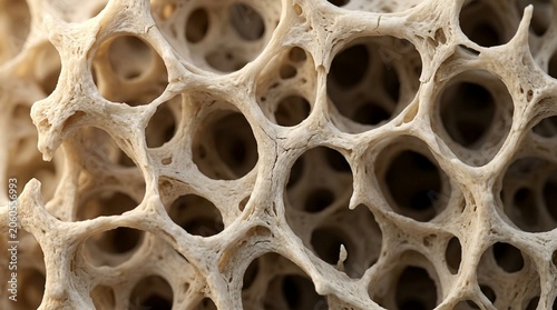 Close-up macro view of trabecular bone structure, showing porous network of spongy bone tissue with irregular holes