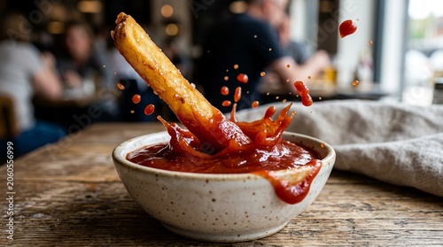 A single french fry is dipped into a bowl of ketchup creating a large splash