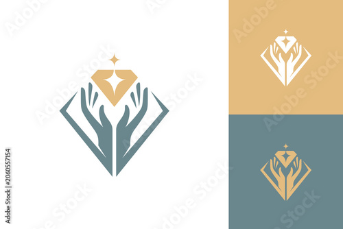 Jewelry and fashion logo with hand holding shinning diamond concept