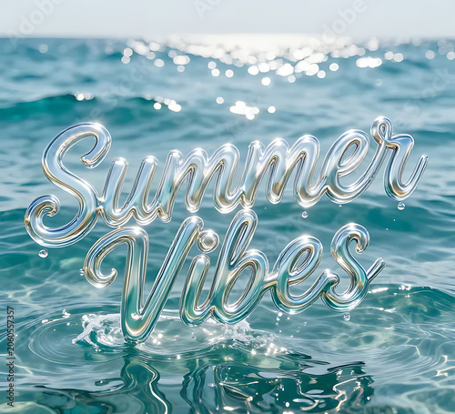 Silver Summer Vibes typography floating above tropical ocean waves