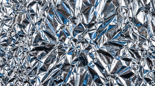 Abstract background texture of crumpled aluminum foil with reflections and highlights