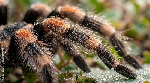 Macro close-up of a tarantula's hairy leg covered in dew drops in lush green forest