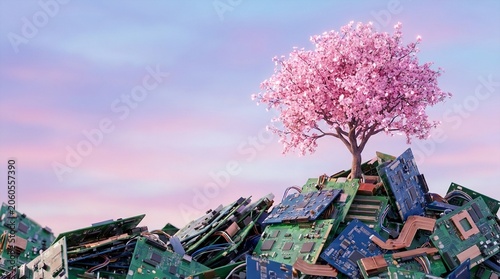 Cherry blossom tree growing from a pile of discarded electronic circuit boards