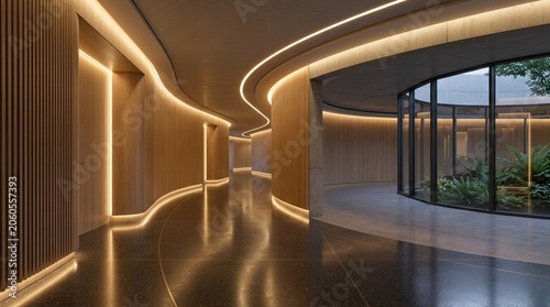 Modern architectural interior with curved wooden walls illuminated by ambient LED lighting