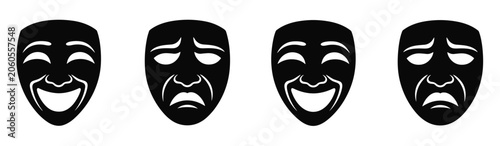 Fotografie Theatrical Masks of Emotion: Four black theatrical masks, two displaying wide smiles and two with downturned, sorrowful expressions