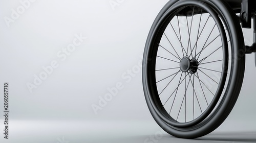 Wheelchair wheel on a plain background with focus on the structure and design of the tire and spokes