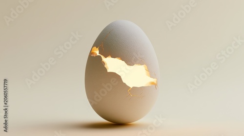Light shines through a broken egg as it stands on a flat surface in a simple setting