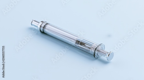 Medical syringe lies on a light blue surface in a clinical setting during daylight hours