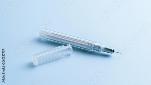 Clear pen on light background with cap removed showing metal tip and plastic body