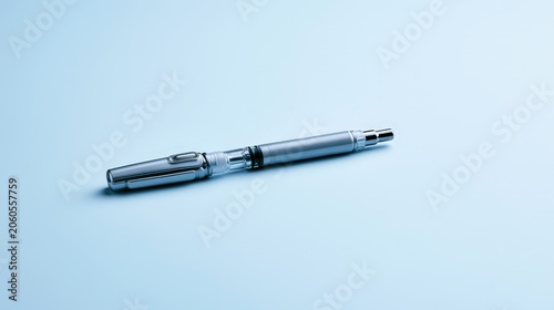 Silver pen rests on light blue surface in natural light during afternoon hours