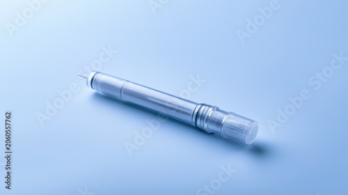 Syringe with a blue background showing the medical device used for injections and vaccinations laid on a flat surface