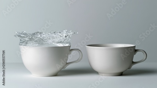 Two white cups on a plain surface with one cup filled with water and splashing over the edge