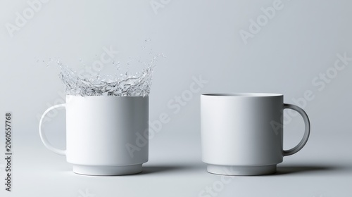 Water splashes from one white mug next to a second empty white mug on a plain background