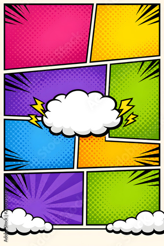 Vertical comic book page template with colorful empty panels, lightning bolts and halftone patterns