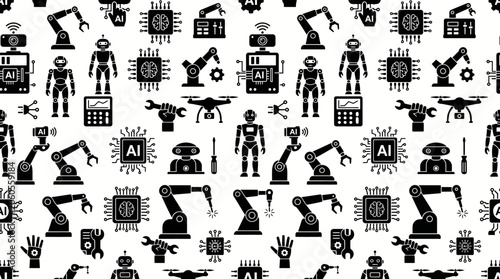 Pattern of black robot icons and machinery illustrations on white background.