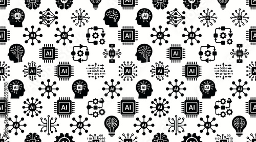 Foto Monochrome seamless pattern with geometric icons and decorative motifs