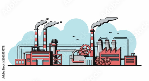 Foto Illustration of a factory with smoking chimneys and industrial pipes, representing industry and manufacturing