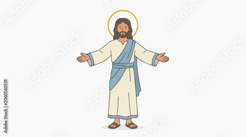 Jesus Figure Arms Open Wide Welcoming Gesture, Christian Faith Savior Flat Illustration Vector