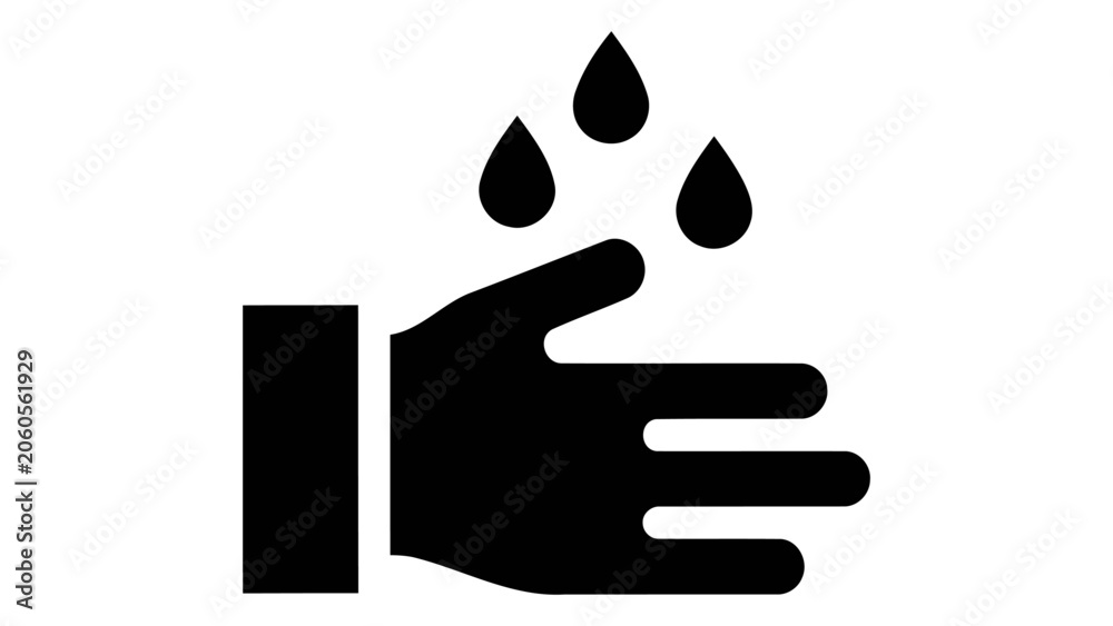 Fototapeta premium A simple black icon depicting a hand being washed with three water droplets. This symbol represents hand hygiene, cleanl