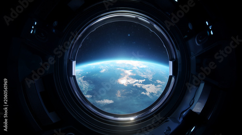 Earth viewed through circular spacecraft window, realistic space station interior with glowing planet horizon, dark cockpit frame, cinematic orbital light, sharp details, space exp