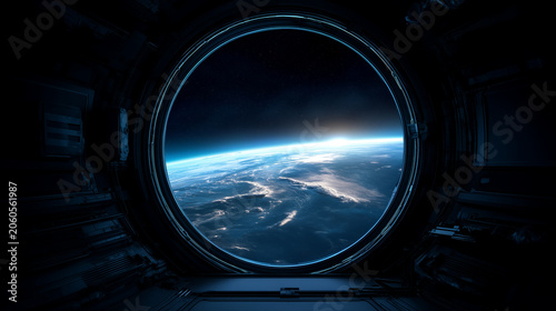 View of Earth from spaceship porthole, realistic orbital scene with dark spacecraft interior, glowing blue atmosphere, sunrise horizon, circular window frame, cinematic space explo