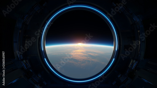 View of Earth from spaceship porthole, realistic orbital scene with dark spacecraft interior, glowing blue atmosphere, sunrise horizon, circular window frame, cinematic space explo