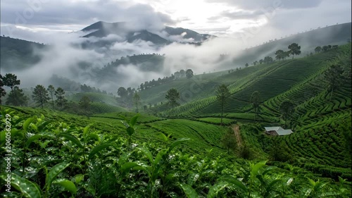 Foggy Green Hills With Layered Agricultural Terraces