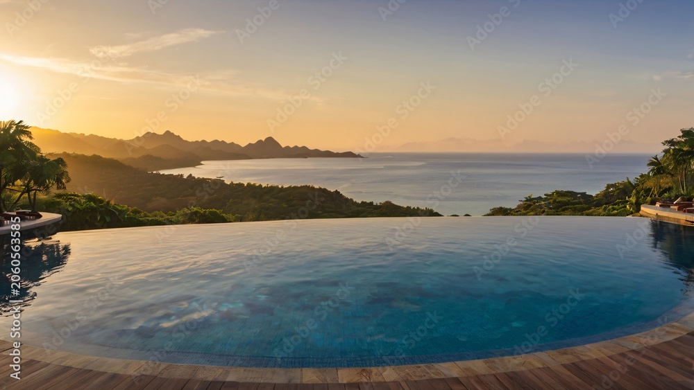 Obraz premium Breathtaking Sunset View Over a Luxury Infinity Pool Facing a Tropical Ocean and Mountain Horizon