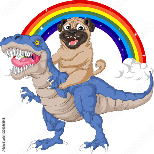 Cuadro en lienzo Funny Pug Riding Dinosaur with Rainbow Vector Illustration, Whimsical Fantasy Pe