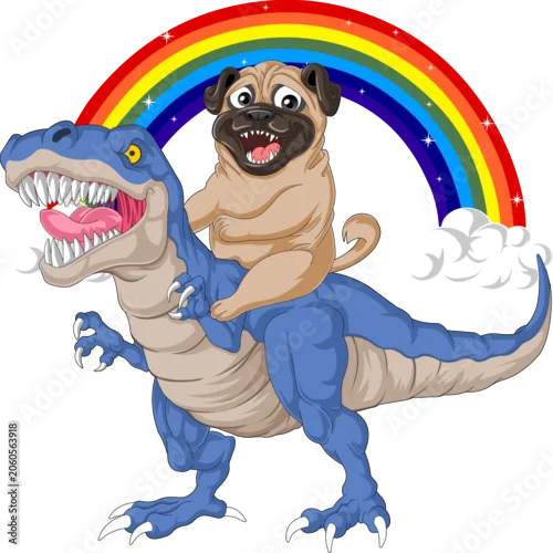 Fototapeta samoprzylepna Funny Pug Riding Dinosaur with Rainbow Vector Illustration, Whimsical Fantasy Pet Design for Merchandise