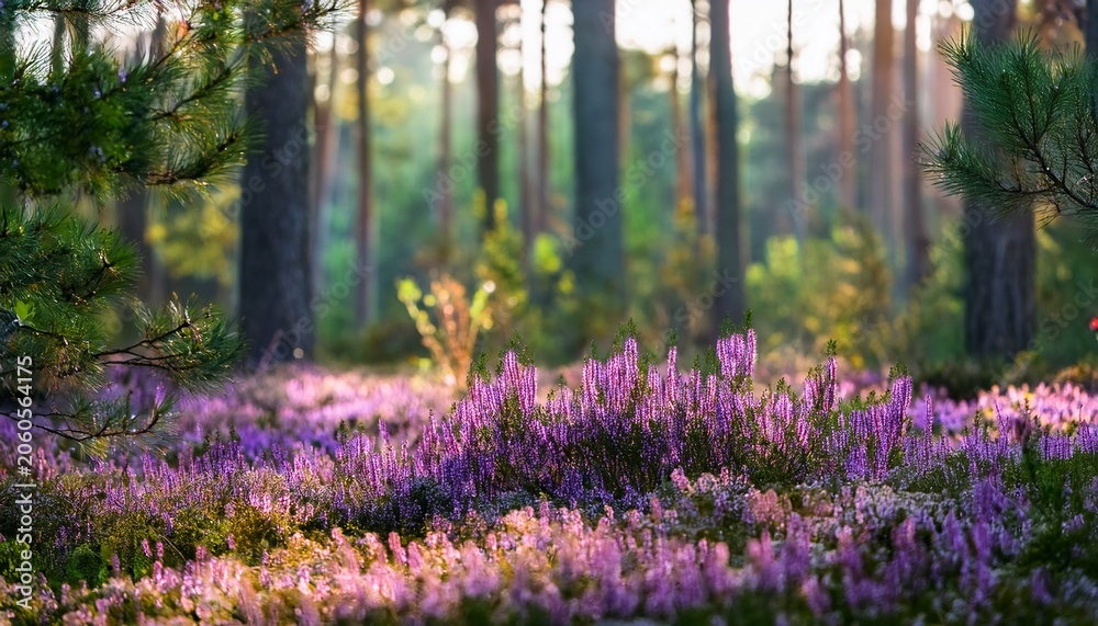 Obraz premium Dense Purple Heather Blooms In A Forest Glade Forest Botanical Heather Flowers