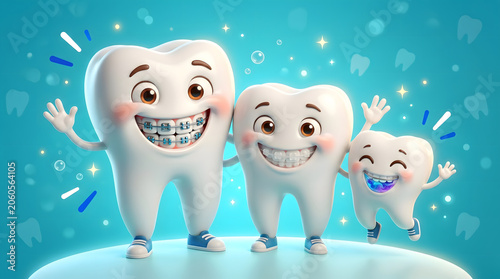 Three cartoon tooth character with braces smiling and waving on teal glowing background