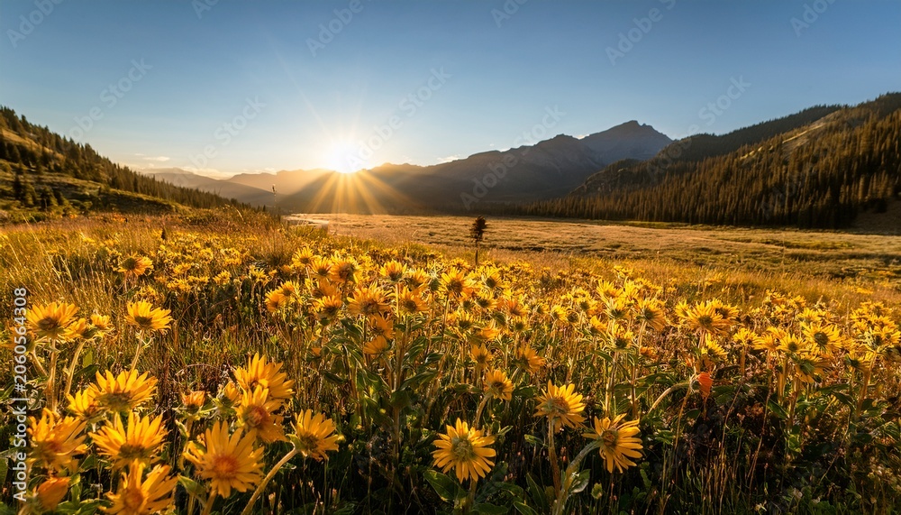 Fototapeta premium Arrowleaf Balsamroot In A Field Basking In The Light Of The Rising Sun At Bear Creek San Juan National Forest Colorado