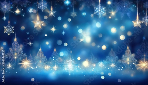 Abstract Magic Blue Holiday Background With Twinkling Stars Snowflakes And Blurred Christmas Lights