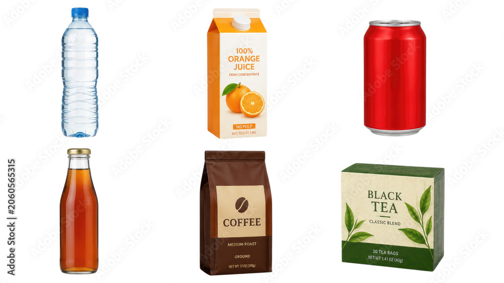 Obraz premium Six assorted beverage packages: plastic water bottle, orange juice carton, red soda can, amber glass bottle, coffee bag, and box of black tea