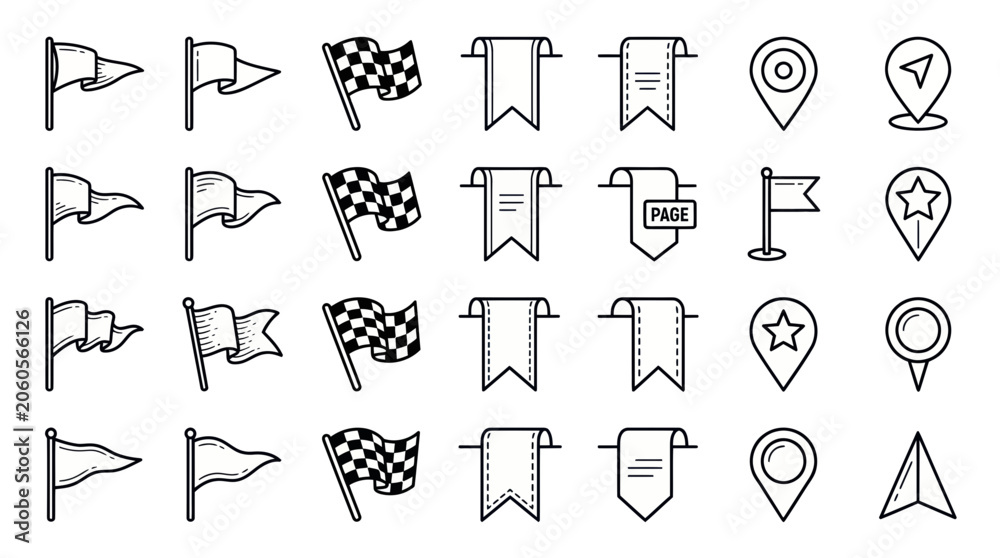 Obraz premium Hand-Drawn Flags, Banners, and Map Pins Icon Set - Doodle Style