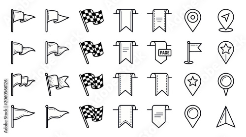 Hand-Drawn Flags, Banners, and Map Pins Icon Set - Doodle Style