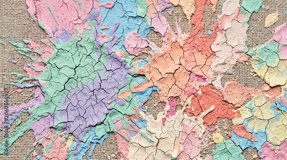 Obraz premium Explosion of pastel chalk powder on burlap fabric, abstract cracked texture background