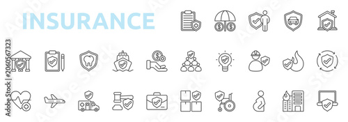 Foto Insurance icon set outline style with policy, coverage, insured, property, insti
