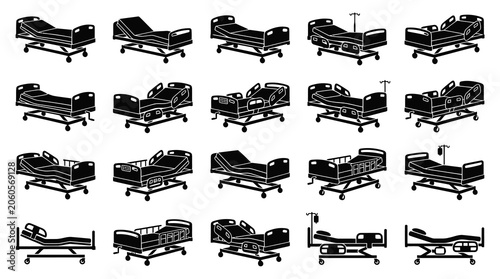 Medical Hospital Beds Set Black and White Icon Vector Illustration