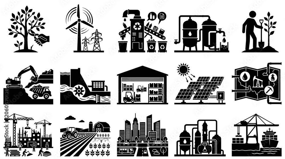 Obraz premium Industrial and Environmental Black and White Solid Glyph Icons: Energy, Construction, Manufacturing, Logistics, Agriculture