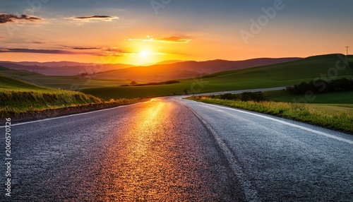 Wet Asphalt Road Reflecting Vibrant Sunset Colors Over Rolling Hills Landscape