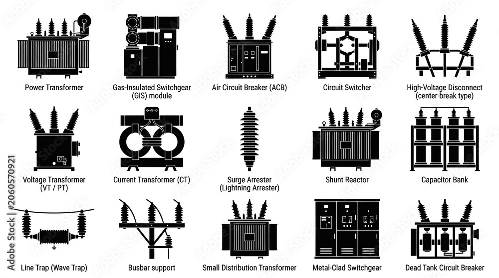 Fototapeta premium Electrical Equipment Icons Set: Transformers, Switchgear, Arresters, Reactors in Black and White