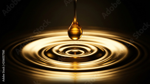 Macro shot of a golden oil drop falling into a pool of amber liquid, creating concentric ripples on a dark background