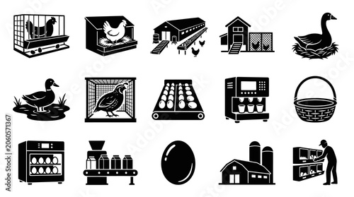 Black and white glyph icons depicting poultry farming, egg production, and related equipment.