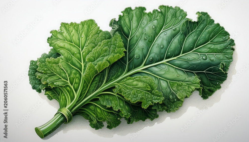 Fototapeta premium Single Vibrant Green Kale Leaf With Intricate Veins And Curly Edges Isolated On White Background Keywords Kale
