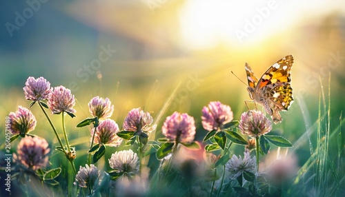 Wild Flowers Of Clover And Butterfly In A Meadow In Nature In The Rays Of Sunlight In Summer In The Spring Close Up Of A Macro A Picturesque Colorful Artistic Image With A Soft Focus